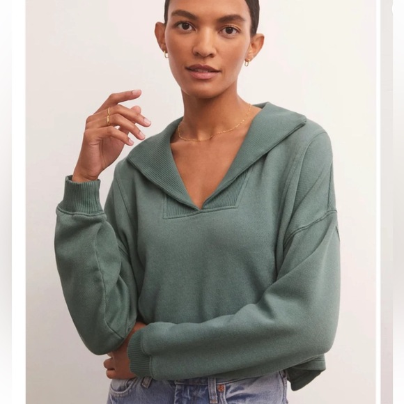Z Supply Women’s Soho Fleece Weekender Cropped Sweatshirt Calypso Green X-Small - Picture 1 of 13
